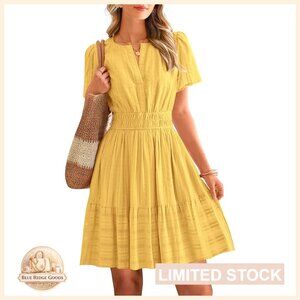 Boho Mini Dress Lightweight Cotton V Neck Elastic Waist Pockets Casual Chic